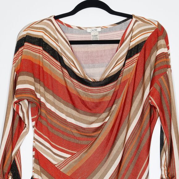 Cache Womens Assymetrical Top Size Small Orange Red Striped Feminine Ruched Side - Picture 5 of 6